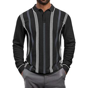 Men's Knit Polo Sweater Long Sleeve Striped Thermal Button Collar Sweater Black